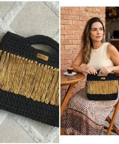 Bolsa de Mão Artesanal Boho - Fio de Malha com Franjas Douradas