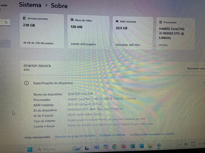 Notebook Lenovo 20GB de RAM 238gb de armazenamento 