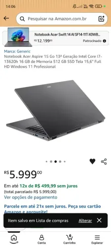 Notebook Acer aspire Go 15 i7