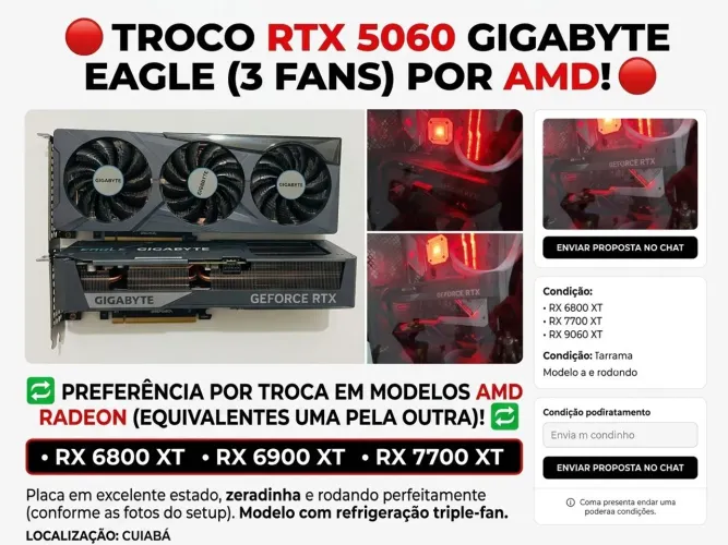 TROCA] Gigabyte RTX 5060 Eagle (3 Fans) por AMD Equivalente
