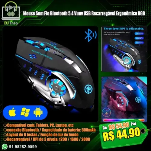 Mouse Sem Fio Bluetooth 5.4 Vuuv USB Recarregável RGB