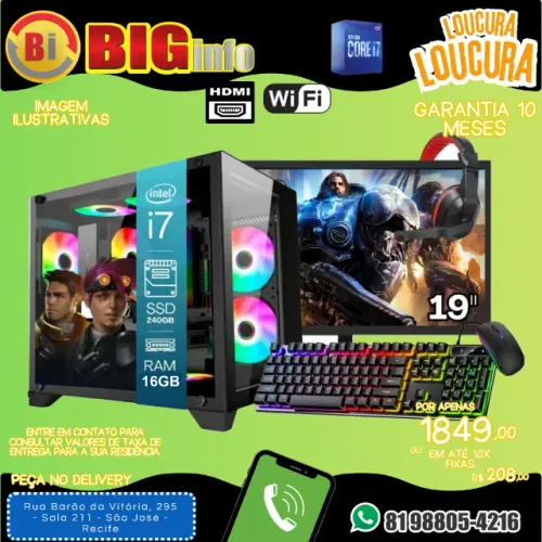 Computador Intel I7 16gb Ssd 240gb Mon 19  Intel Hd Gabinte Acrilico Leds 