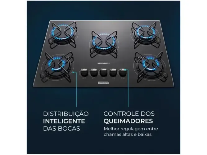 Cooktop 5 Bocas a Gás GLP Mondial Mesa de Vidro Preto Acendimento Automático CTG-02