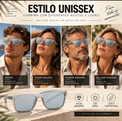 Óculos de Sol Polarizados UV400 Prata Unissex com Lentes Prateadas 