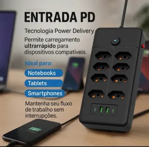 Filtro De Linha Extensão 8 Tomadas Cabo 2 Metros 10a Cor Preto