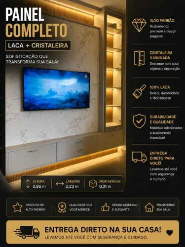 PAINEL TV COM GAVETOES /CRISTALEIRA LED VIDRO REFLECTA