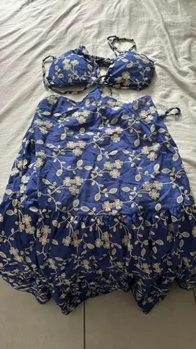 Vestido longo bordado azul recorte cintura moda estampado verao boho