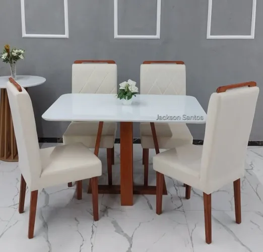 Mesa Luxo Madeira Maciça com Vidro e Cadeiras Acolchoadas - (Nova)