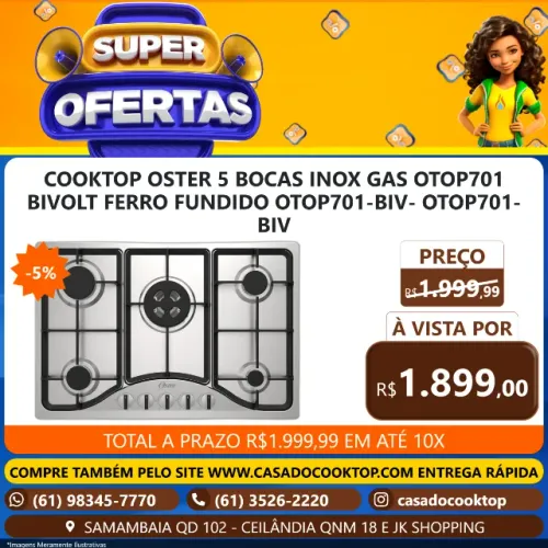 COOKTOP OSTER 5 BOCAS INOX GAS OTOP701 BIVOLT FERRO FUNDIDO OTOP701-BIV- OTOP701-BIV
