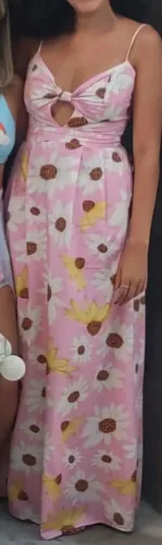 Vestido longo floral fundo rosa algodão