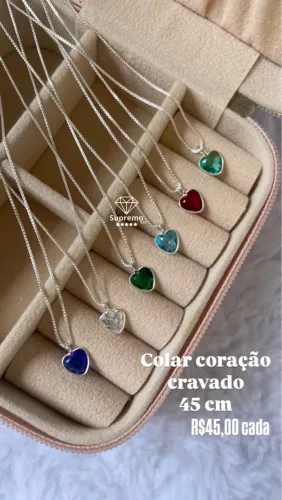Colar Coração Cravejado 45cm - Diversas Cores Acompanha certificado de garantia 