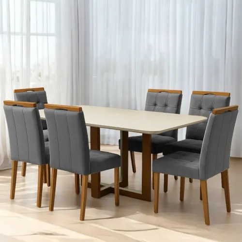 Mesa de Jantar 160×80 com 6 Cadeiras Sophia Veludo Cinza tt765