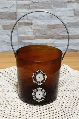 Lindo balde de gelo de vidro marrom com detalhes prateados 1L