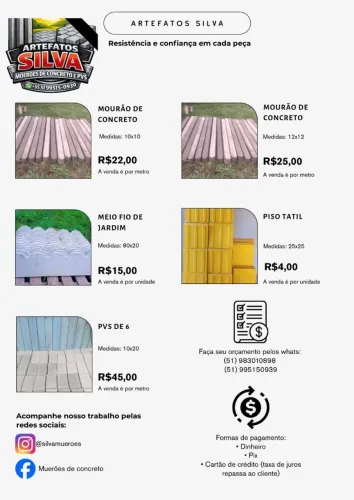 Artefatos em concreto - mourões / Pvs / meio fio / piso tatil
