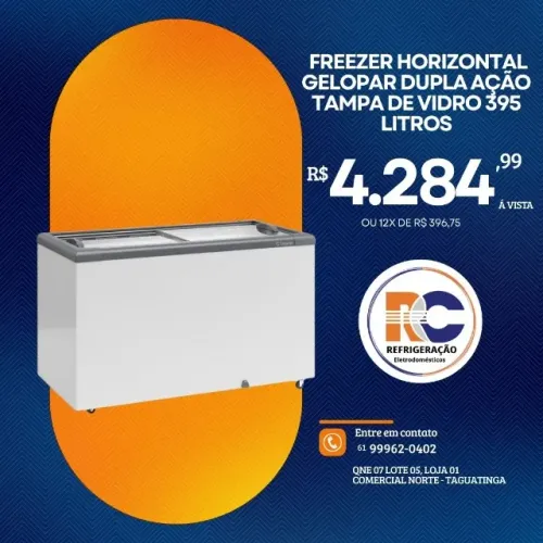 FREEZER HORIZONTAL GELOPAR 220V DUPLA AÇÃO TAMPA DE VIDRO 395 LITROS