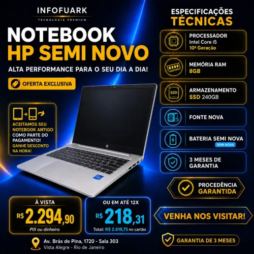 Notebook HP i5 10ª Geração | 8GB RAM | SSD 120GB | Bateria ok | Garantia