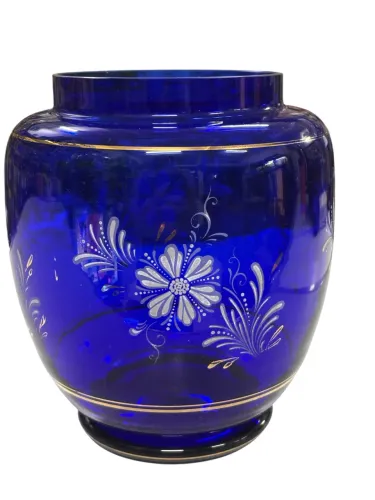 vaso antigo de vidro azul cobalto decorado com esmalte branco e frisos dourados 