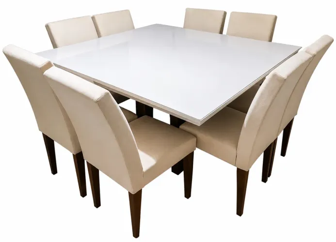 Mesa Quadrada 1,35x1,35 com Tampo de Vidro e 8 Cadeiras Estofadas em MDF