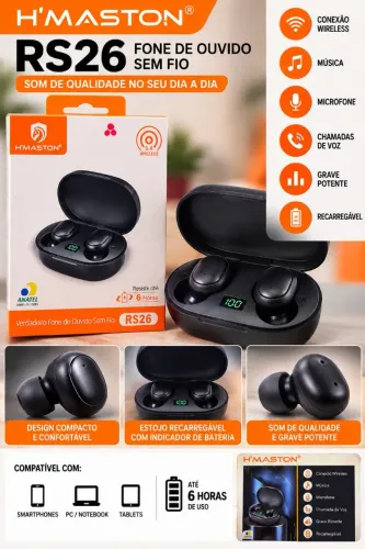 Fone Bluetooth H'Maston RS26 Sem Fio com Microfone e Estojo Recarregável