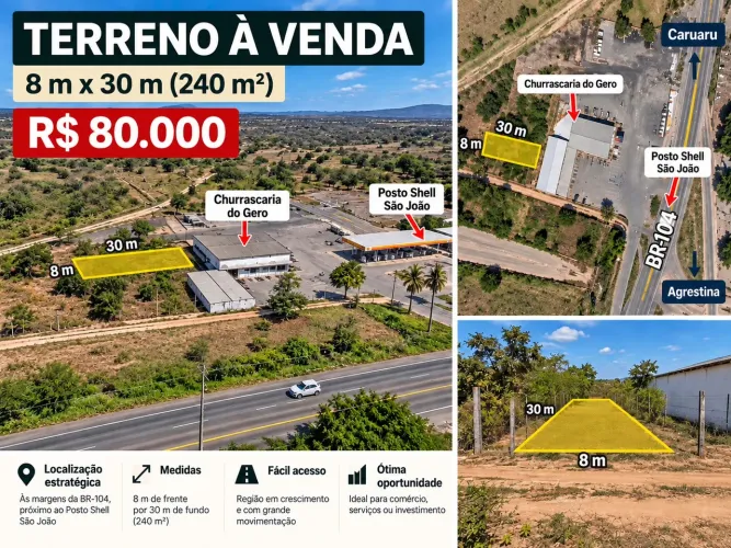 Terreno 8x30m em Agrestina próximo à BR-104 e Posto Shell São João