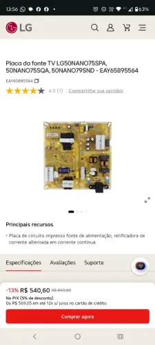 Placa da fonte TV LG50NANO75SPA, 50NANO75SQA, 50NANO79SND - EAY65895564