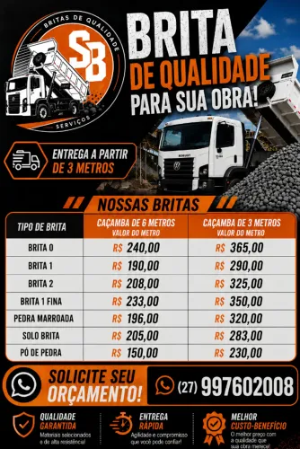 Brita para construção: Brita 0, 1, 2, Brita 1 Fina, Marroada, Solo Brita, Pó de Pedra