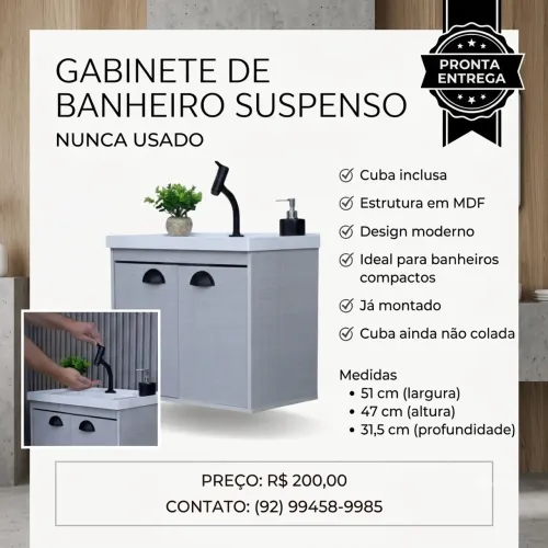 Gabinete para Banheiro Suspenso com Cuba - Novo, Montado e Nunca Usado