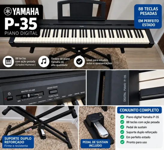 Piano Digital Yamaha P-35 88 Teclas Pesadas + Pedal e Suporte