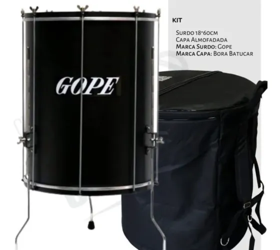 Surdo Gope 18 Pol 60cm Alumínio Preto Com Tripé + Capa e Baqueta Gope 41cm