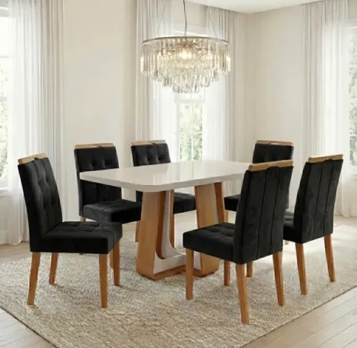 Conjunto de Jantar Premium 6 Lugares Amadeirado com Detalhes Off White e Veludo Preto