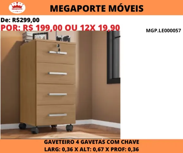 Gaveteiro com Rodinhas e Chave