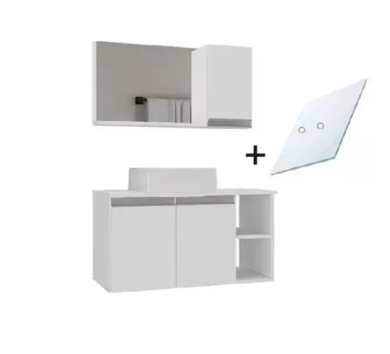 Gabinete de banheiro 80cm, tampo de vidro, espelho