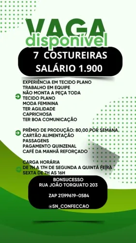 SN CONFECÇÕES CONTRATA 7 COSTUREIRAS