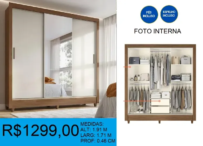 Guarda roupa casal portas de correr, com espelho - temos a pronta entrega