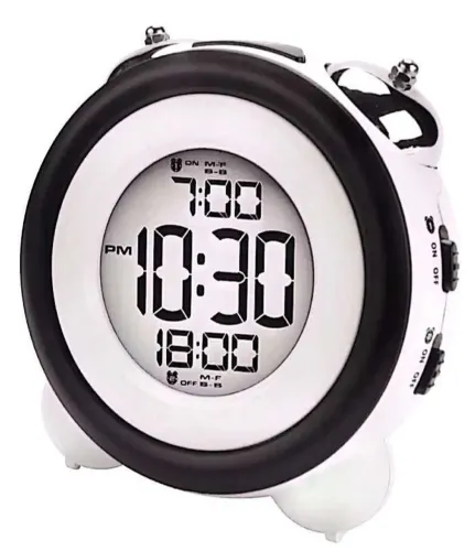 Relógio despertador digital com visor de hora e data e campainha dupla