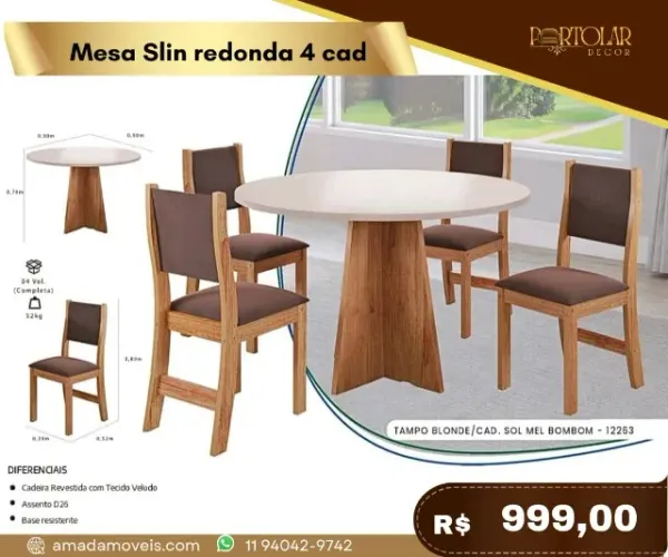 Mesa Slin redonda 4 cadeiras a pronta entrega
