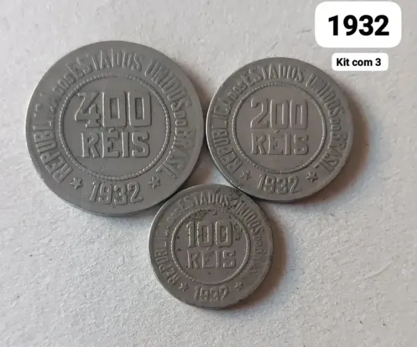 Lote 3 moedas 100 200 400 réis 1932 série mocinha 