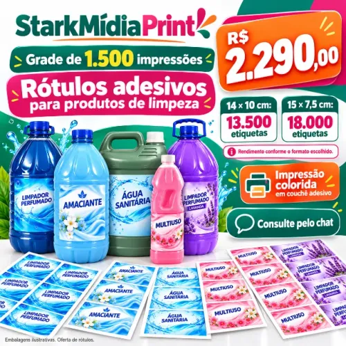 Rótulos Adesivos para Produtos de Limpeza - Grade de 1.500 Impressões