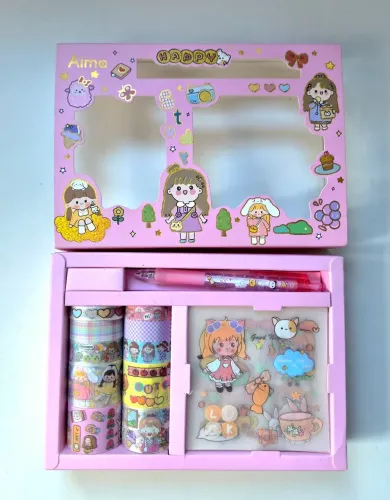 Kit Papelaria Adesivo Lapiseira Adesivo Menina Rosa Kawaii
