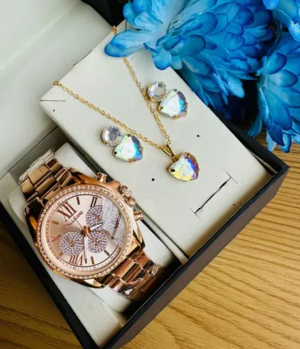 Conjunto de acessórios feminino relógio + cordão e par de brincos 