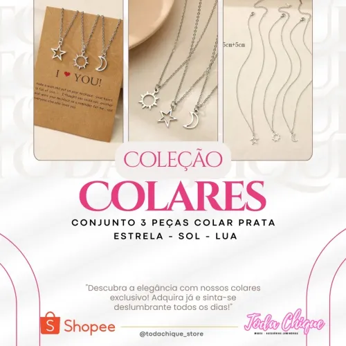Kit 3 Peças Colar Prata - Estrela Sol Lua Aço Inoxidável Com Caixinha