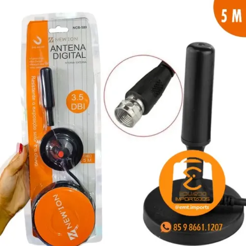 Antena Tv Digital Interna Externa Prova D'água Base Imã Cabo 5m NCB-500