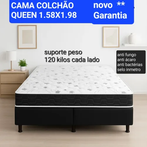 Cama Box Queen 1.58x1.98 Colchão Anti-Ácaro e Fungo
