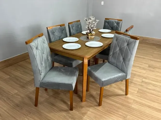 Mesa de Jantar Alegra 1.60×0.80 c/ 6 Cadeiras Jasmim Cinamomo/Cinza Até 12x