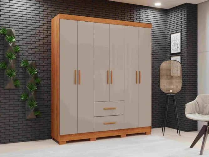 Guarda-Roupa Amadeirado 6 Portas e Gavetas