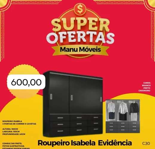 Guarda-Roupa Isabela - 3 Portas de correre 9 Gavetas / 3 cores disponíveis