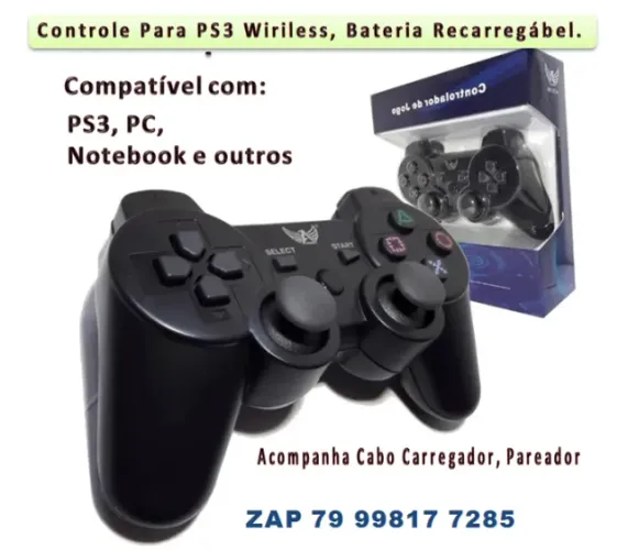 Controle para PS3 Wireless, também para PC, Notebook, Dualshock 3 Recarregável
