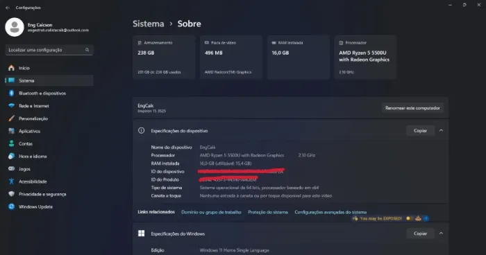 NOTEBOOK - 16gb de RAM (inspiron 15 3525 amd) aceito cartão
