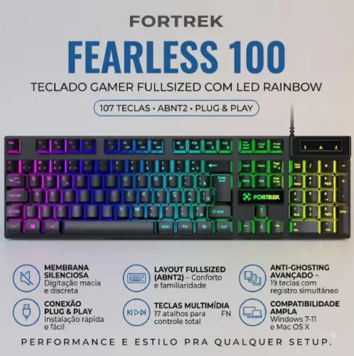 Teclado Gamer Fortrek Fearless 100 Fullsized 19 Teclas Anti-Ghosting Rainbow ABNT2