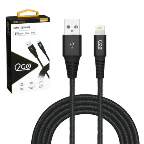 Cabo i2GO Iphone Extra Longo 2m USB Lightning Nylon Trançado Preto
